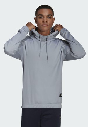 Sudadera con capucha de color gris claro, de manga larga, con cordones en el cuello y tela texturizada. Parche del logo en negro en la parte inferior.