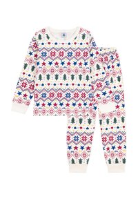 Set di pigiama a maniche lunghe con base color crema e fantasie natalizie multicolori, tra cui stelle, alberi e fiori. Materiale in cotone.