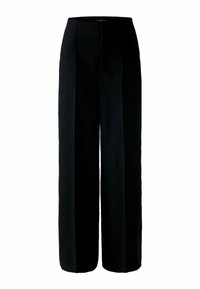 Pantalon large noir en tissu lisse avec plis avant et taille haute. Caractérisé par une silhouette épurée et ajustée, sans quincaillerie visible.