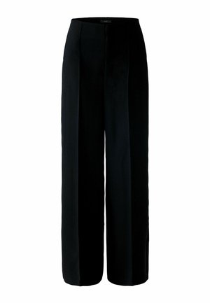 Schwarze weit geschnittene Hosen aus einem glatten Stoff mit vorderen Falten und hoher Taille. Verfügt über eine klare, schicke Silhouette und keine sichtbaren Beschläge.