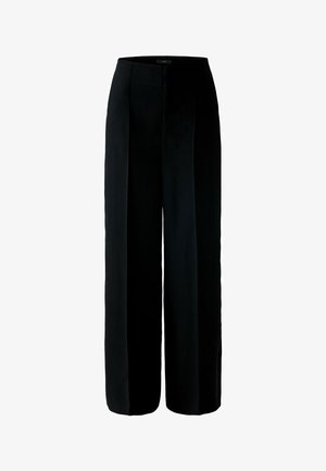 Zwarte wijde broek in een soepele stof met plooien aan de voorkant en een hoge taille. Kenmerkt zich door een strakke, op maat gemaakte silhouet en geen zichtbare hardware.