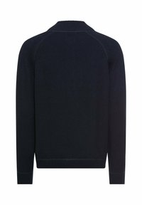 Navy knit sweater featuring a ribbed collar, long sleeves, and a clean back design with no additional patterns or embellishments.