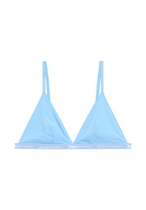 Lichtblauwe driehoekige bralette met dunne bandjes, gemaakt van een zachte stof en een roze logoband aan de onderkant. Geen beugel of vulling.