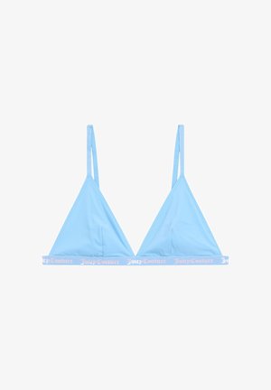 Lichtblauwe driehoekige bralette met dunne bandjes, gemaakt van een zachte stof en een roze logoband aan de onderkant. Geen beugel of vulling.