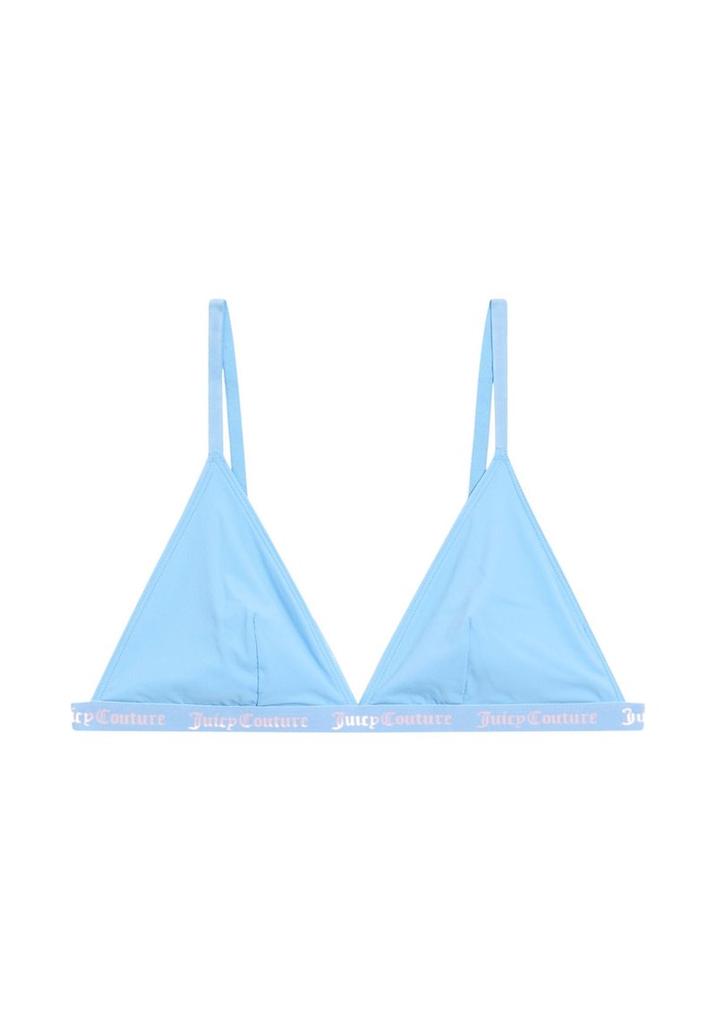 Bralette triangle bleu clair avec des fines bretelles, présentant un tissu doux et une bande logo rose en bas. Sans armature ni rembourrage.