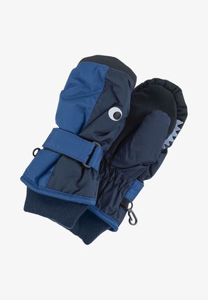 Blaue und marineblaue wasserfeste Fäustlinge mit einem Fleece-Futter. Sie verfügen über einen Klettverschluss, ein elastisches Handgelenk und ein Haifischzähne-Design am Daumen.