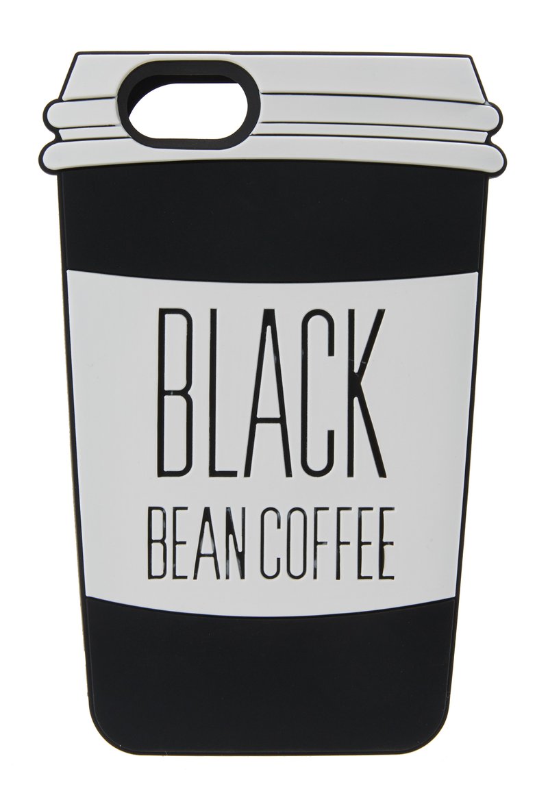 Čierno-bielý obal na telefón v tvare šálky kávy, so zaoblenými okrajmi a textom "BLACK BEAN COFFEE" v tučnom písme. Hladký povrch.