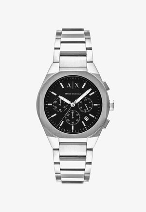Reloj de pulsera de metal plateado Armani Exchange con esfera negra, tres subesferas, ventana de fecha a las 4 en punto y marcadores e indicadores de hora plateados.