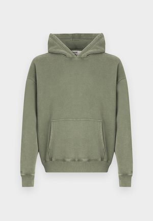 Olivgrüner Pullover-Hoodie mit einer vorderen Kängurutasche, gerippten Bündchen und einer entspannten Passform.