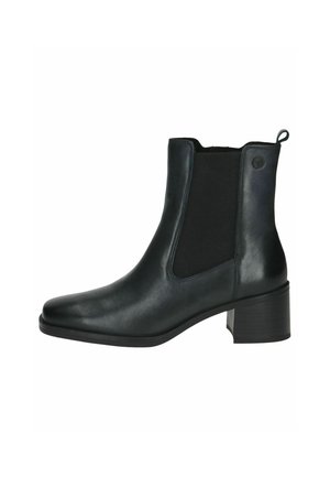 Black leather ankle boot with elastic side panels, a smooth finish, round toe, and a tapered block heel for added stability.