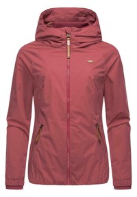 Giacca leggera con cappuccio in rosa scuro, dotata di zip frontale, polsini elasticizzati e tasche laterali con dettagli in pelle. Texture liscia.