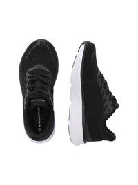 Svarta sportskor med överdel i mesh, texturerad design och vit gummisula. Har snörningssystem och låg profil.