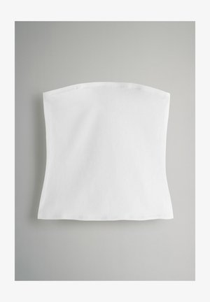 White cotton strapless top with a smooth texture, a straight cut, and slightly rounded edges, displayed against a light gray background.