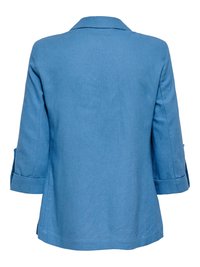 Vue de dos d'un blazer bleu uni avec manches trois-quarts et col cranté sur fond blanc.