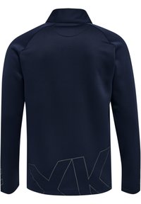 Polo à manches longues navy avec col haut, fabriqué en tissu lisse, présentant un motif géométrique dans une teinte plus claire sur le bas.