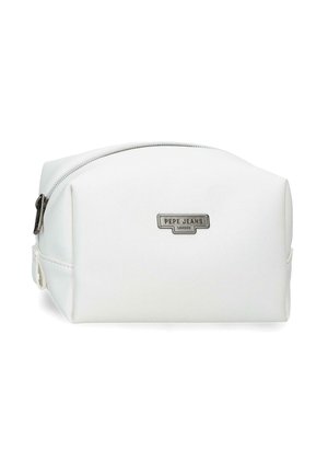Neceser rectangular blanco Pepe Jeans London con cierre de cremallera y placa de logo metálica en la parte frontal.