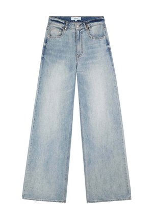 Světle modré široké džíny vyrobené z denimu. Mají vysoký pas, dvě přední kapsy a vybledlý vzhled s minimálními švy.
