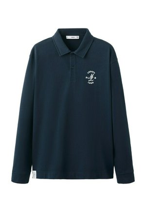 Marineblaues langärmliges Poloshirt mit zwei Knöpfen, "Legacy NL 1984 LNDN" Logo auf der linken Brust und Kragenansatz.