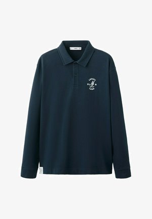 Marineblaues langärmliges Poloshirt mit zwei Knöpfen, "Legacy NL 1984 LNDN" Logo auf der linken Brust und Kragenansatz.