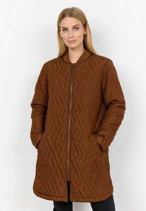 Quilted brown long coat with a zip front, featuring a round collar, side pockets, and a textured diamond pattern.