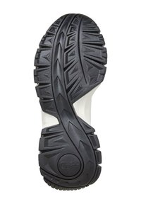 Melnas gumijas zoles ar izteiktām saķeres struktūrām, baltu akcentu un apļa logotipa nospiedumu. Tekstēta, lai nodrošinātu saķeri un stabilitāti.