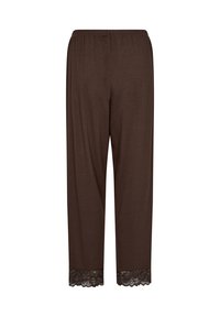 Pantaloni da pigiama marroni con vita elastica e bordo in pizzo nero decorativo all'orlo. Realizzati in tessuto morbido e leggero.
