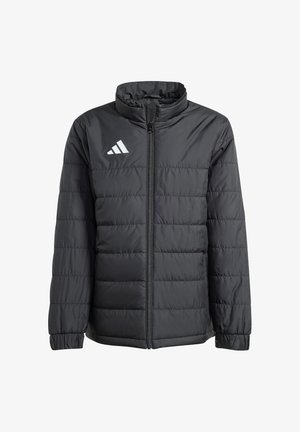 Piumino nero con cuciture orizzontali, zip frontale, collo alto, polsini elastici e logo Adidas bianco sul petto sinistro.
