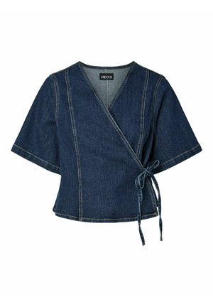 Mørkeblå denim omslagstop med korte vide ærmer, V-hals og bindebånd i siden, med lodrette sømdetaljer.