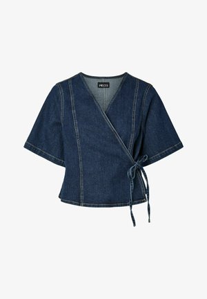 Mørkeblå denim omslagstop med korte vide ærmer, V-hals og bindebånd i siden, med lodrette sømdetaljer.