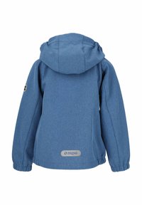 Blaue, Kapuzenjacke aus strukturiertem Stoff, mit elastischen Bündchen und einem Logo im unteren Rückenbereich. Das Design ist einfach und funktional.
