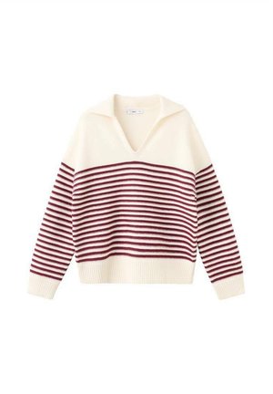 Cream sweater with maroon horizontal stripes, V-neck, and wide collar. Ribbed cuffs and hem add texture to the knitted fabric design.