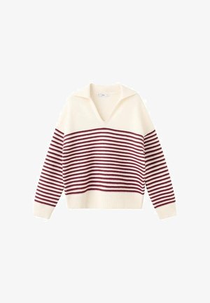 Cream sweater with maroon horizontal stripes, V-neck, and wide collar. Ribbed cuffs and hem add texture to the knitted fabric design.