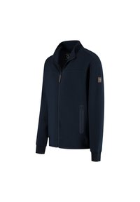 Marineblauwe zip-up jack met hoge kraag, twee ritszakken aan de zijkant, geribde cuffs en een klein embleem op de linkermouw.