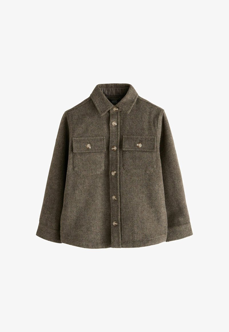 Veste en laine vert olive avec un motif en chevron, bouton devant, col pointu et deux poches poitrine.