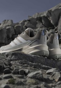 Chaussures de randonnée Adidas Terrex gris clair positionnées sur un terrain rocheux avec un fond montagneux accidenté sous un ciel clair.