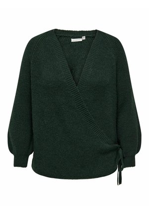 Suéter envolvente de punto verde oscuro con un escote en V pronunciado, mangas raglán, puños elásticos y un detalle atado en la cintura. Acabado de tela texturizada.