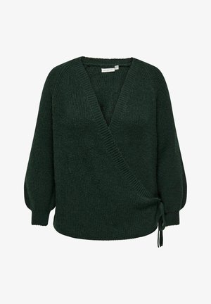Dark green knit wrap sweater with a deep V-neck, raglan sleeves, elastic cuffs, and a tied detail at the waist. Textured fabric finish.