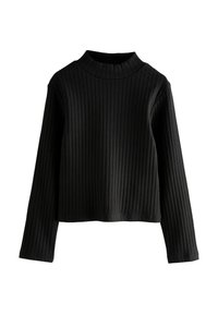 Camiseta larga de manga larga negra con cuello alto simulado. El material presenta líneas verticales y el dobladillo es recto sin adornos.