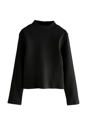 Zwarte geribbelde coltrui, lange mouwen, cropped ontwerp, gestructureerde stof, met horizontale strepen en een aansluitende hals.