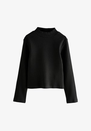 Sort ribbet turtleneck sweater, lange ærmer, cropped design, struktureret stof, har horisontale striber og en tætsiddende hals.