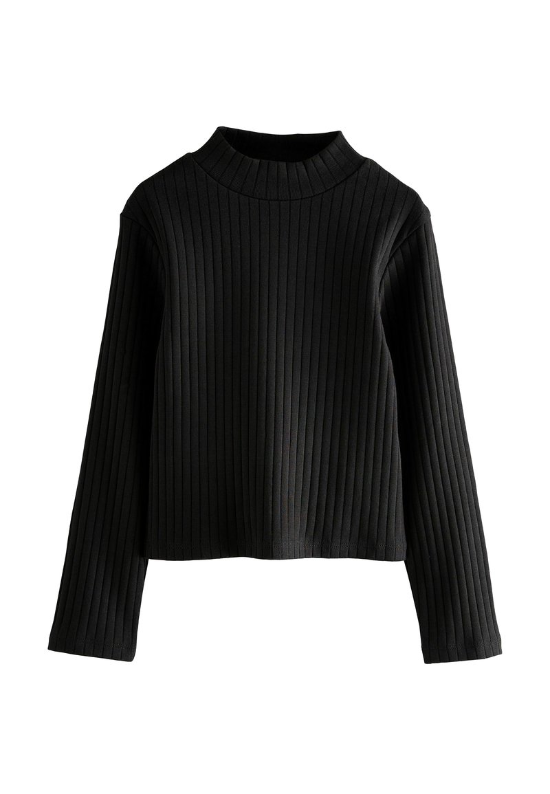 Svart ribbad polotröja, långärmad, cropped design, texturerad tyg, med horisontella ränder och åtsittande hals.