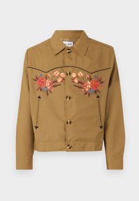 Hnědá bavlněná bunda s květinovou výšivkou v růžové, červené a modré barvě. Má límeček, zapínání na knoflíky a dvě boční kapsy.