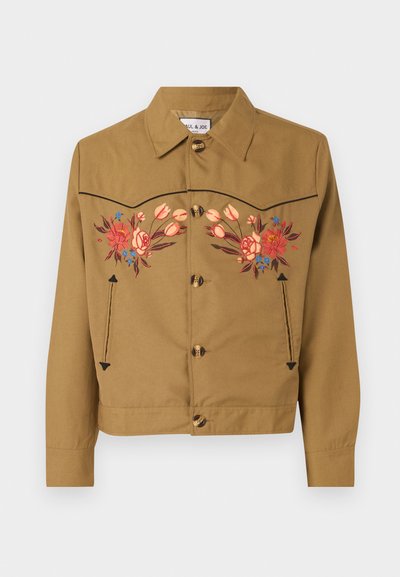Brown cotton jacket with floral embroidery in pink, red, and blue. Features a collared neck, button front, and two side pockets.