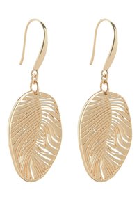 Gold-tone leaf earrings with intricate cut-out patterns. Lightweight design with elongated hooks for secure fastening.