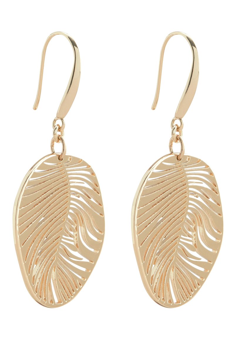 Gold-tone leaf earrings with intricate cut-out patterns. Lightweight design with elongated hooks for secure fastening.