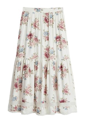 Blümchen-Midi-Rock mit weißem Grund, der mit rosa und blauen Rosenmustern verziert ist, im gestuften Design, mit elastischem Bund und Spitzendekoration am Saum.