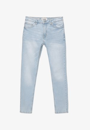 Jasnoniebieskie dżinsy o prostym kroju, pięć kieszeni i zapięcie na guzik. Wyblakła struktura z przodu i wykończenie w postaci czystego dołu.
