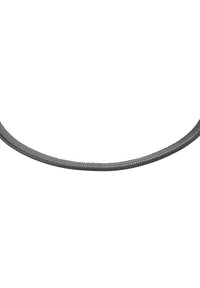 Catena metallica grigia con una texture intrecciata, caratterizzata da maglie intrecciate. Superficie liscia con forma uniforme e senza hardware o accenti visibili.
