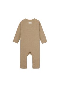 Beige ribbet babyheldragt med lange ærmer, rund halsudskæring og trykknapper nederst. Har et lille mærke bagpå.