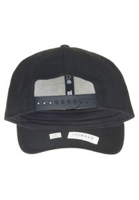 Black baseball cap with a curved visor, adjustable snapback closure, and mesh interior lining. Model number tag visible inside.